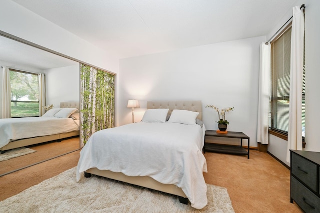 bedroom with light colored carpet