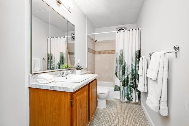 full bathroom with tile patterned flooring, a textured ceiling, shower / tub combo with curtain, vanity, and toilet