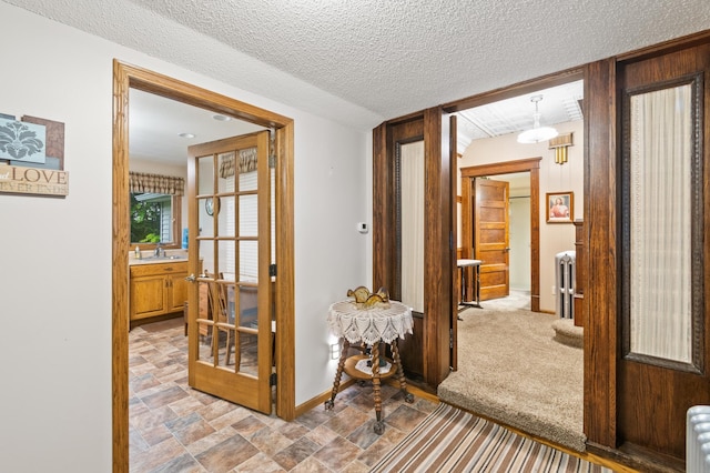 13640 Hagedorn Rd NW, Brandon, MN 56315 - corridor featuring radiator heating unit, a textured ceiling, baseboards, and a sink