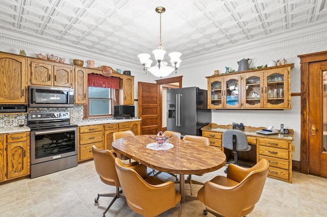 13640 Hagedorn Rd NW, Brandon, MN 56315 - kitchen with ornamental molding, an ornate ceiling, and stainless steel appliances