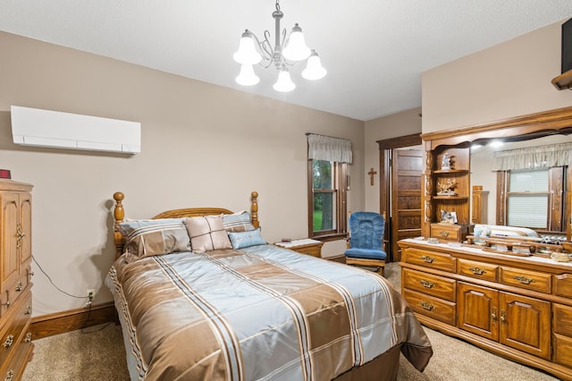13640 Hagedorn Rd NW, Brandon, MN 56315 - bedroom featuring carpet flooring, a wall unit AC, multiple windows, and an inviting chandelier