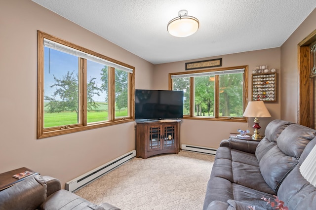 13640 Hagedorn Rd NW, Brandon, MN 56315 - carpeted living room with baseboard heating and a textured ceiling