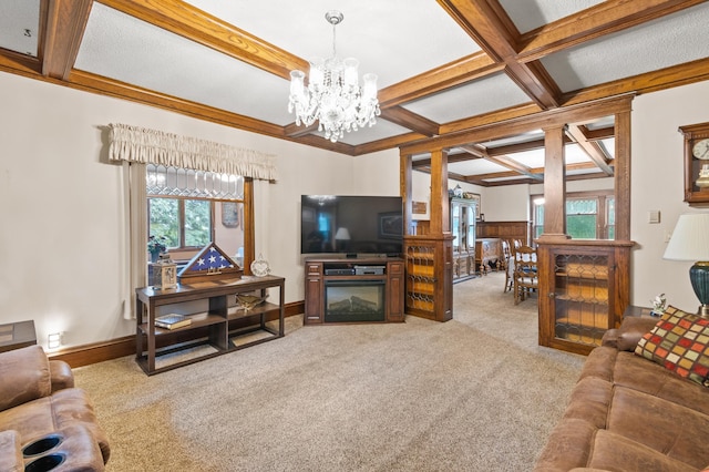 13640 Hagedorn Rd NW, Brandon, MN 56315 - living room featuring beam ceiling, carpet, a chandelier, and coffered ceiling