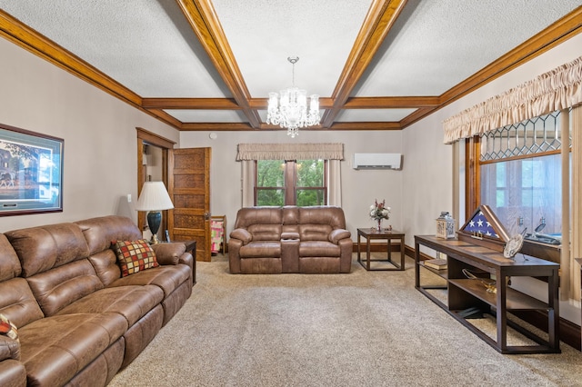 13640 Hagedorn Rd NW, Brandon, MN 56315 - living room with a wall mounted air conditioner, a chandelier, carpet, coffered ceiling, and beam ceiling