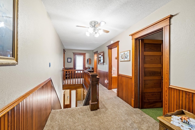 13640 Hagedorn Rd NW, Brandon, MN 56315 - hall with a wainscoted wall, carpet flooring, a textured ceiling, an upstairs landing, and wooden walls