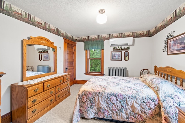 13640 Hagedorn Rd NW, Brandon, MN 56315 - bedroom featuring radiator heating unit, light carpet, a textured ceiling, and a wall unit AC