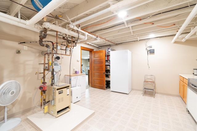 13640 Hagedorn Rd NW, Brandon, MN 56315 - unfinished below grade area featuring freestanding refrigerator, a heating unit, and light floors