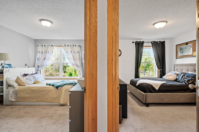 bedroom featuring a textured ceiling and carpet