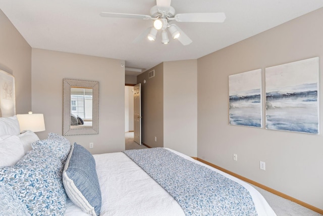 bedroom with ceiling fan and carpet flooring