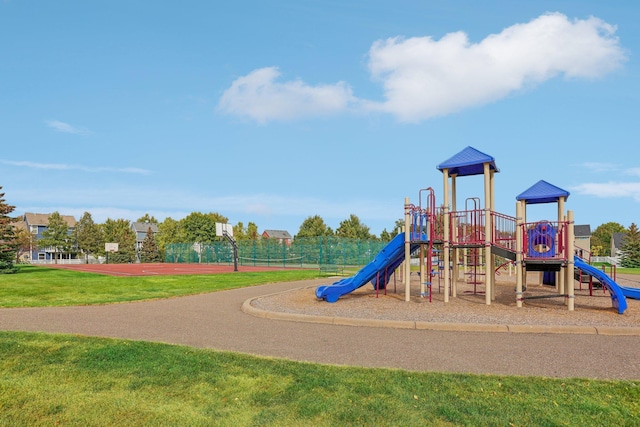 view of jungle gym featuring a yard