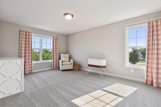 unfurnished room with baseboards and light colored carpet