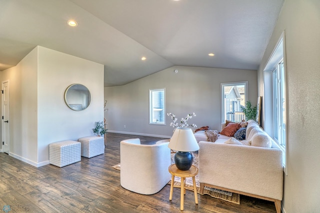 living room featuring dark wood-type flooring and lofted ceiling