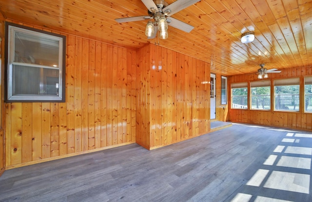 spare room featuring wood ceiling, wood finished floors, wood walls, and ceiling fan