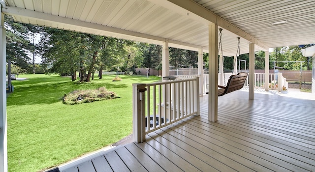 wooden terrace featuring a lawn and a fenced backyard