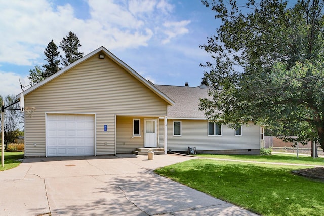 view of front facade featuring a front lawn, an attached garage, concrete driveway, and a shingled roof