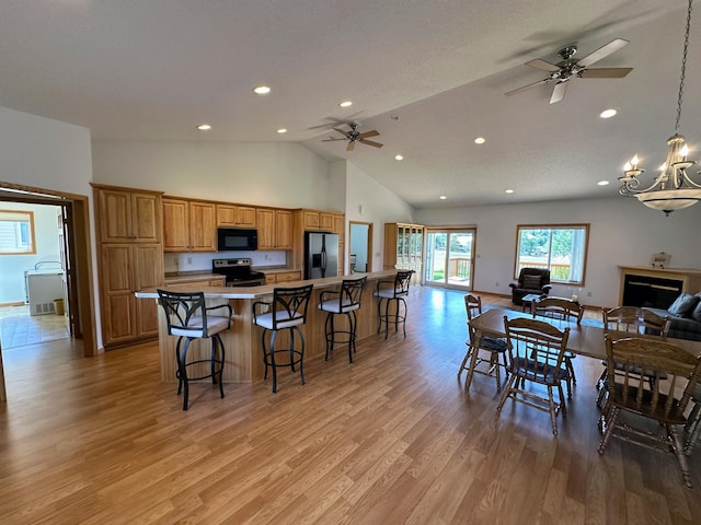 kitchen with ceiling fan with notable chandelier, appliances with stainless steel finishes, and light hardwood / wood-style floors