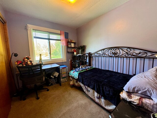 carpeted bedroom with a textured ceiling