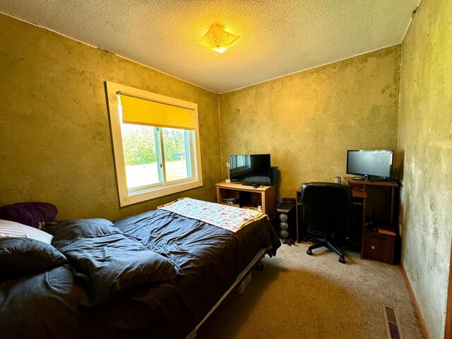 bedroom with a textured ceiling and carpet