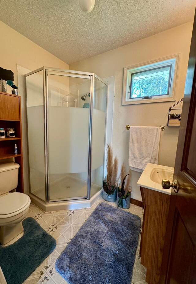 bathroom featuring a textured ceiling, toilet, vanity, and a shower with door