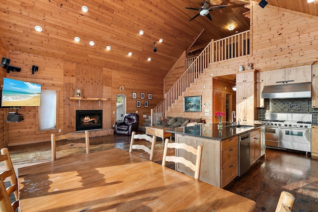 dining space with high vaulted ceiling, wooden ceiling, sink, and dark hardwood / wood-style floors