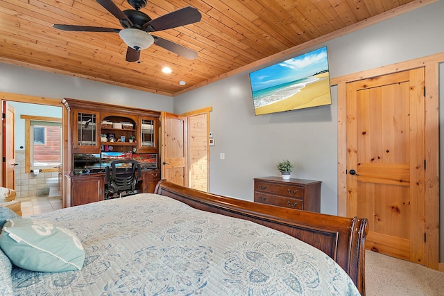 bedroom featuring wooden ceiling, connected bathroom, and ceiling fan