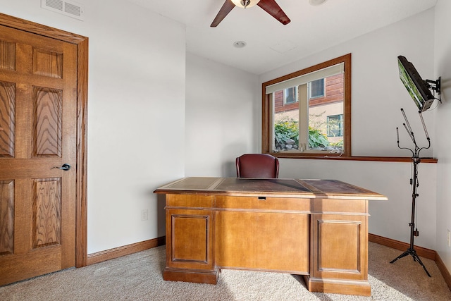 office featuring light colored carpet and ceiling fan