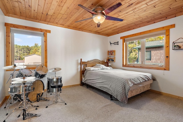 bedroom with carpet floors, wooden ceiling, and ceiling fan