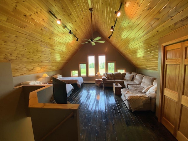 interior space featuring wood ceiling, rail lighting, dark hardwood / wood-style floors, and lofted ceiling