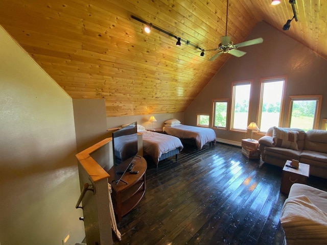 bedroom featuring track lighting, vaulted ceiling, ceiling fan, and wood ceiling