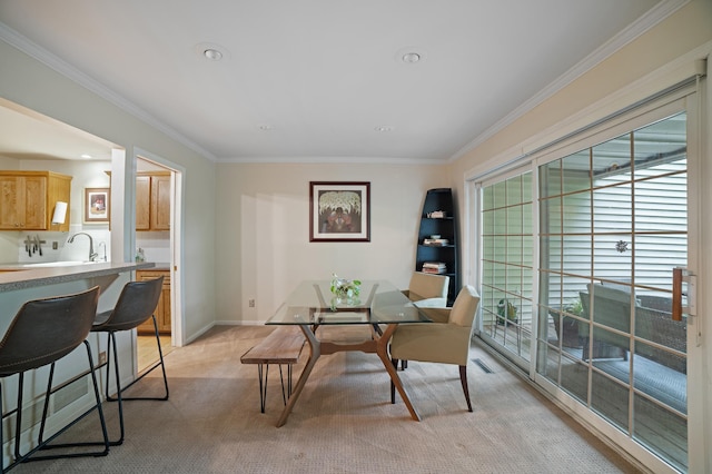 17661 Southridge Ct, Minnetonka, MN 55345 - dining space with light carpet, ornamental molding, a desk, recessed lighting, and baseboards
