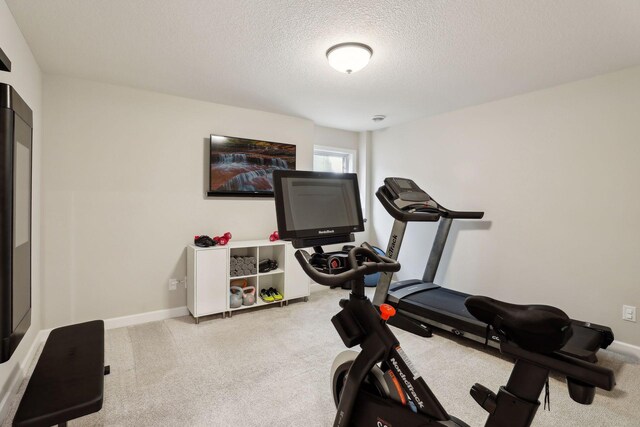 exercise area with a textured ceiling and light carpet