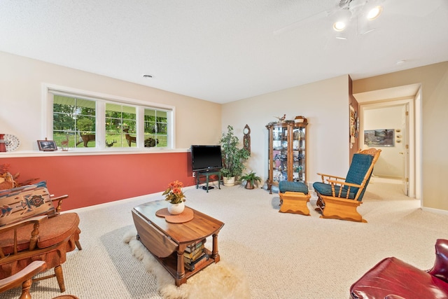 living area featuring carpet floors and baseboards