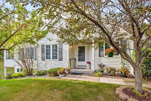 view of property hidden behind natural elements featuring a front lawn