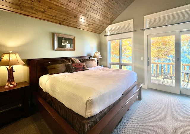 bedroom with wood ceiling, vaulted ceiling, carpet floors, and access to exterior