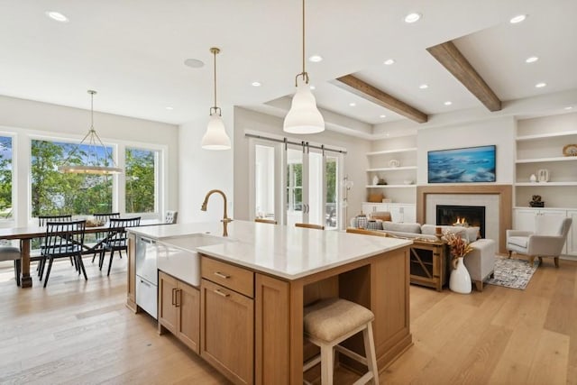 kitchen with a kitchen island with sink, sink, pendant lighting, and light hardwood / wood-style flooring