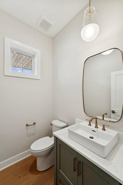 bathroom featuring vanity, wood-type flooring, and toilet