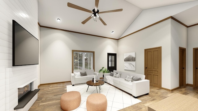 living room featuring ceiling fan, crown molding, high vaulted ceiling, light hardwood / wood-style flooring, and a fireplace