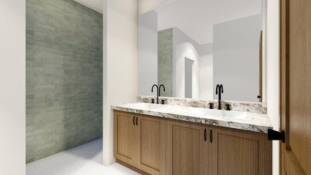 bathroom featuring tile patterned flooring, vanity, and tile walls