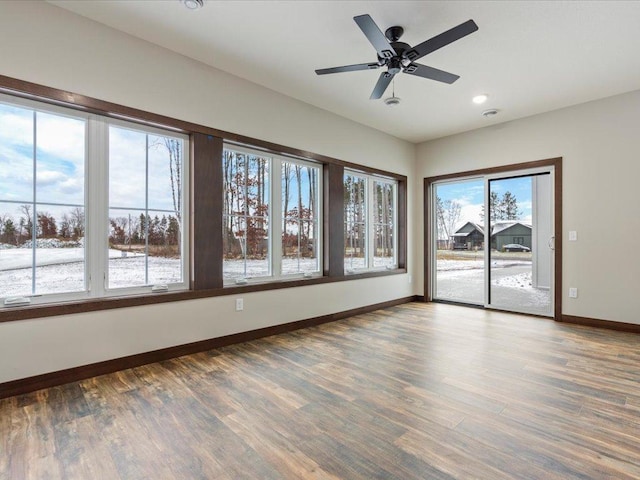 empty room with ceiling fan and dark hardwood / wood-style flooring