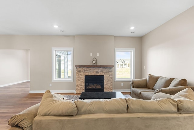 living room with wood-type flooring and a fireplace