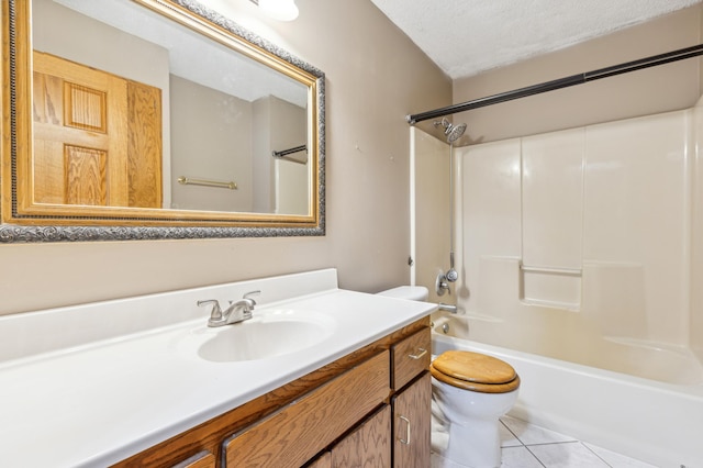 full bathroom featuring a textured ceiling, tile patterned floors, shower / washtub combination, vanity, and toilet