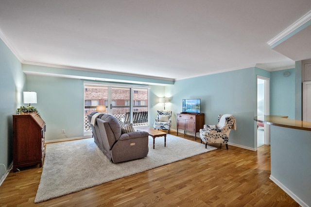 living room featuring ornamental molding and light hardwood / wood-style flooring