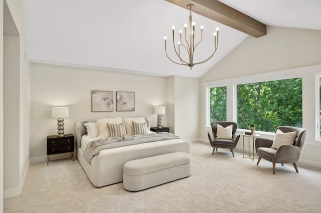 bedroom featuring light carpet, beam ceiling, a chandelier, and high vaulted ceiling