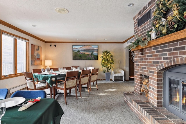 dining space featuring a textured ceiling, a baseboard radiator, carpet, and a fireplace