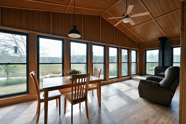 sunroom with vaulted ceiling, a wood stove, ceiling fan, and wood ceiling