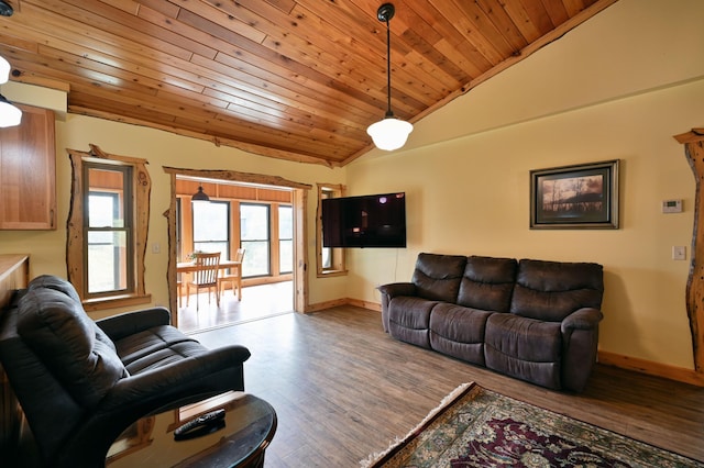 living area with wood ceiling, baseboards, vaulted ceiling, and wood finished floors