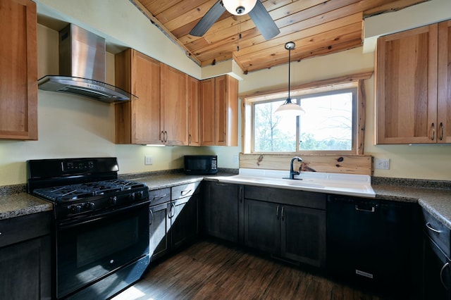 kitchen with wooden ceiling, wall chimney exhaust hood, dark wood-type flooring, vaulted ceiling, and black appliances