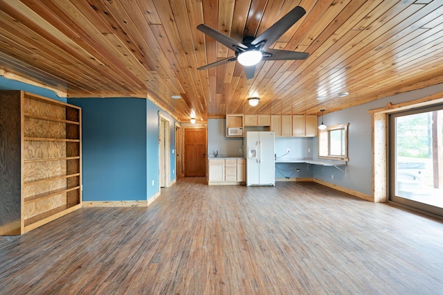 unfurnished living room with a ceiling fan, wooden ceiling, baseboards, and wood finished floors