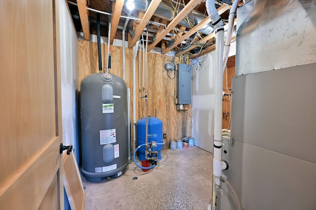 utility room with electric panel and water heater