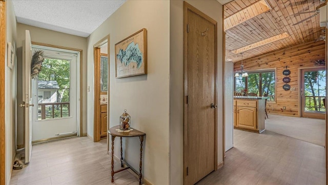 15520 Tamarac Cir NE, Miltona, MN 56354 - hall featuring wooden ceiling, wood walls, baseboards, and plenty of natural light